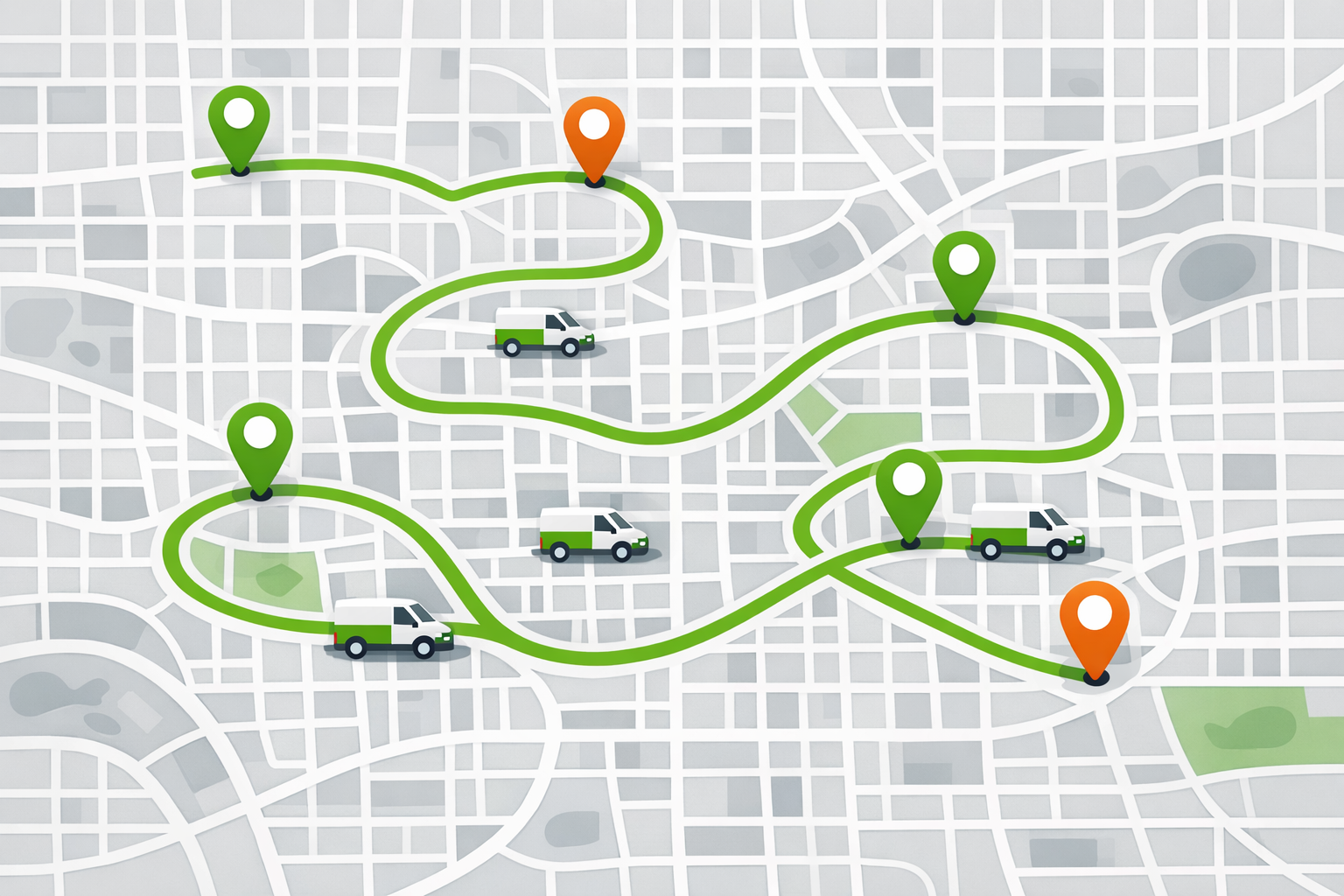 Illustrated map showing delivery routes and city grid with green route lines